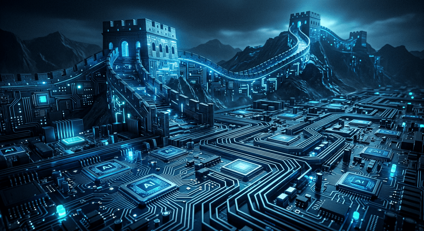 Abstract visualization of AI chips with Great Wall motif