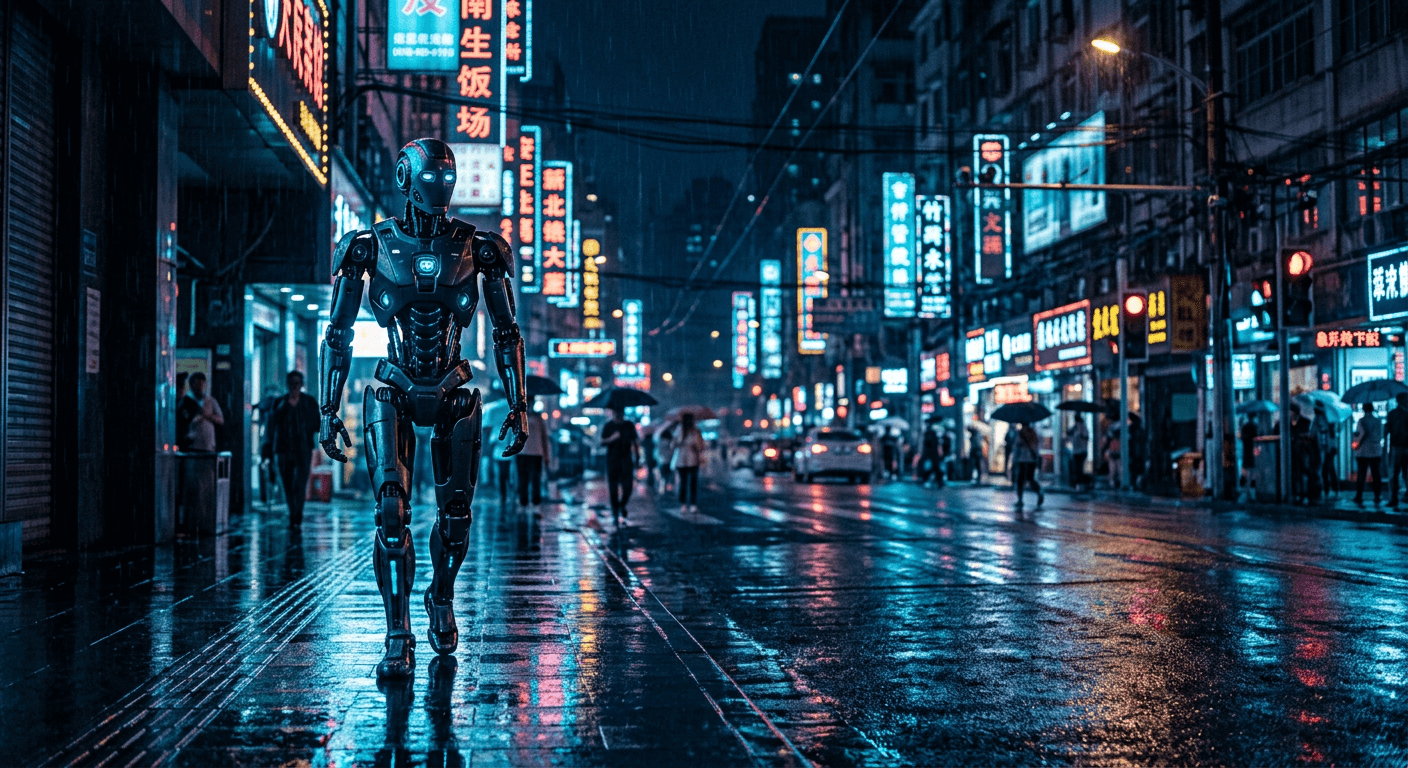 Humanoid robot on a neon-lit Chinese city street at night