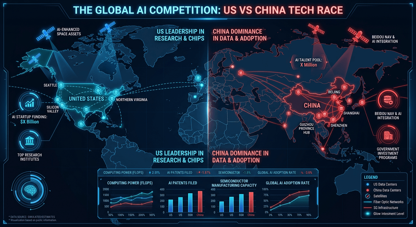 Global AI competition visualization showing US and China
