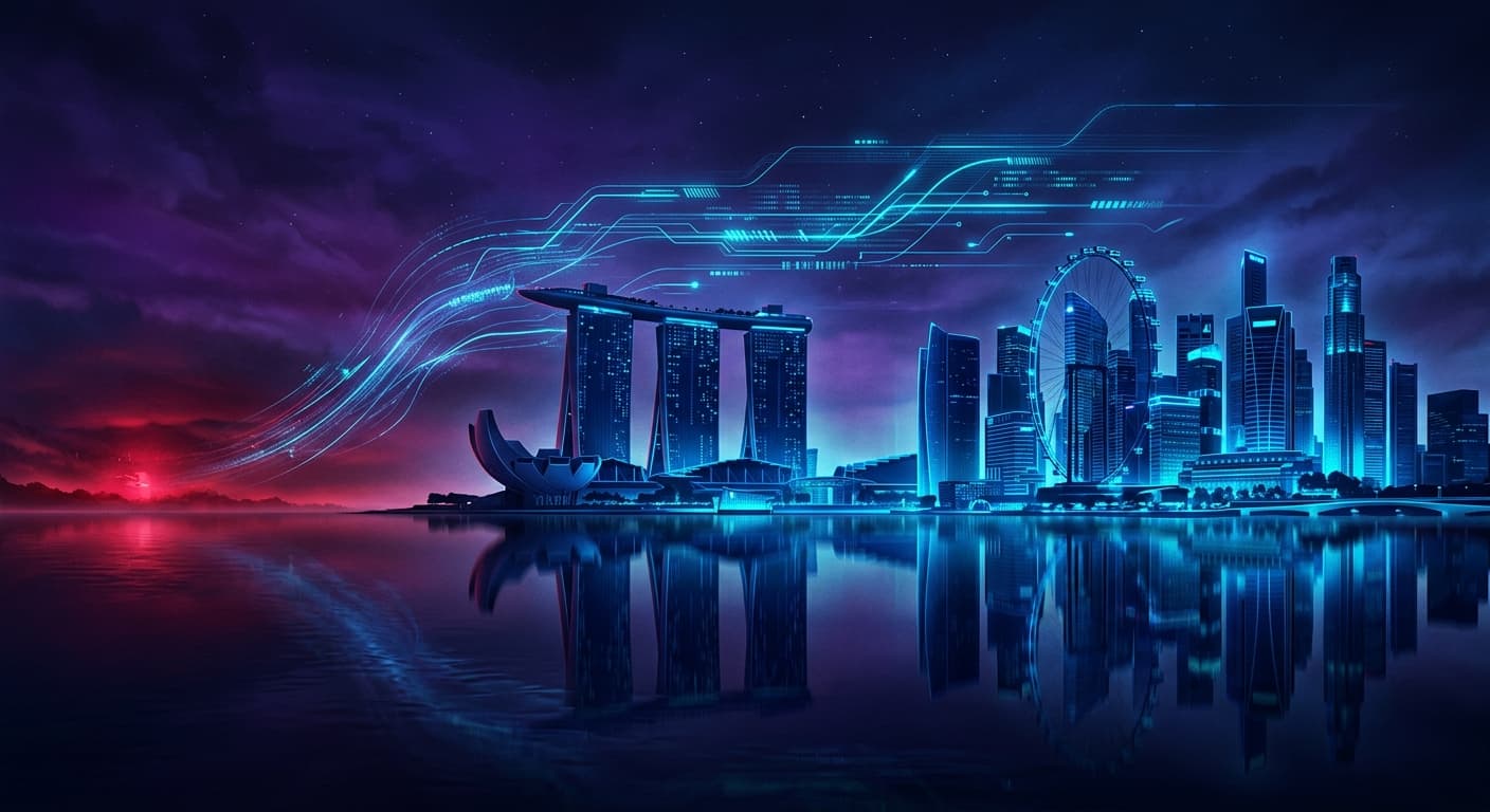 Singapore skyline silhouette at night with data streams being pulled back across the horizon by a distant red glow