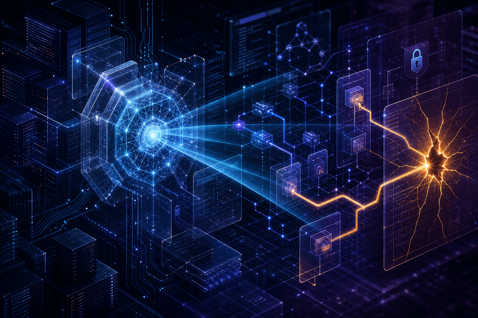 Premium cybersecurity illustration showing an AI reasoning engine uncovering a hidden trust assumption and 2FA bypass path inside layered software infrastructure