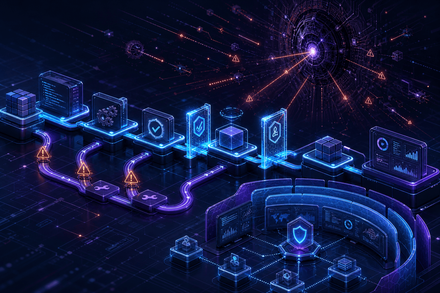 Enterprise secure software delivery pipeline under pressure from model-speed exploit discovery, with audit gates, remediation lanes, and an autonomous threat engine in the background