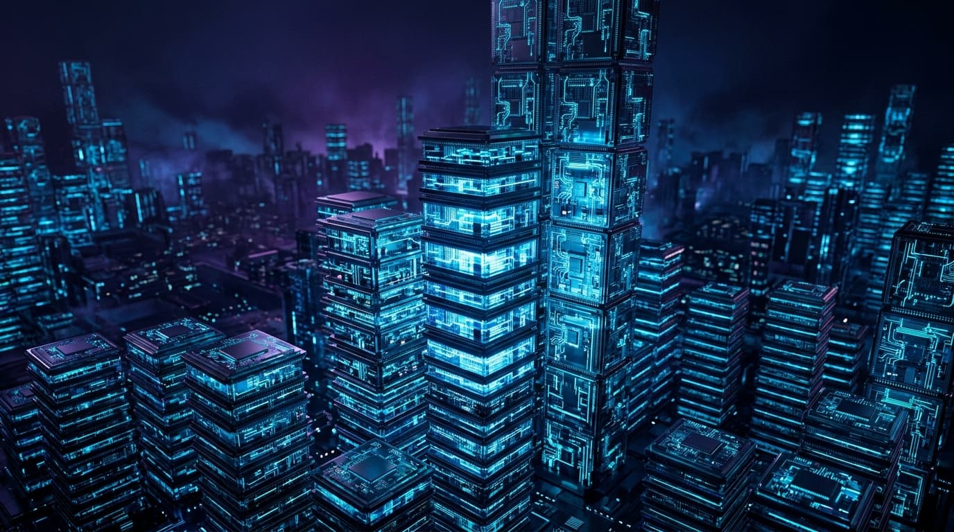 AI accelerator chips stacked into towers