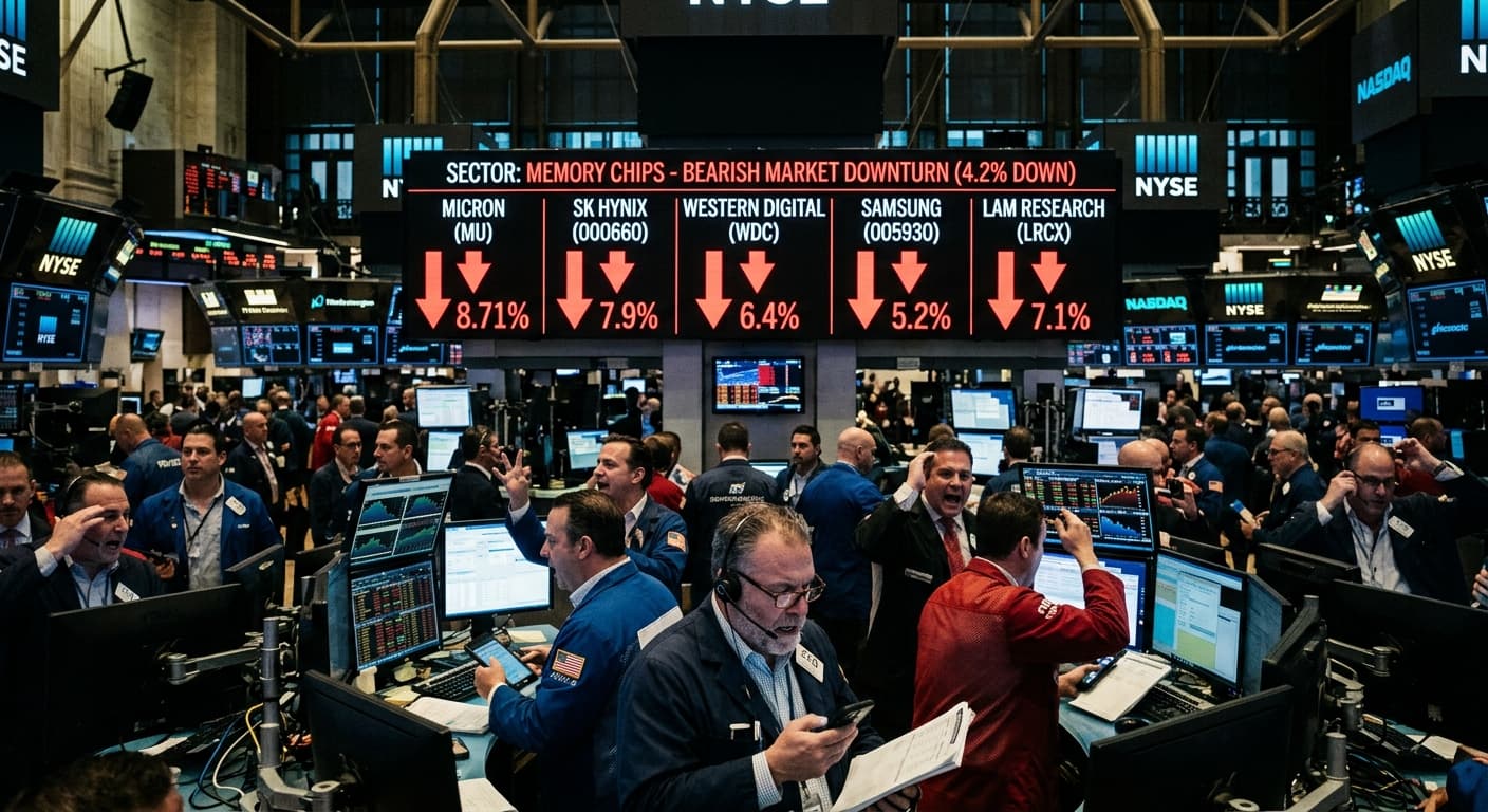 Stock market displays showing declining memory chip stock prices