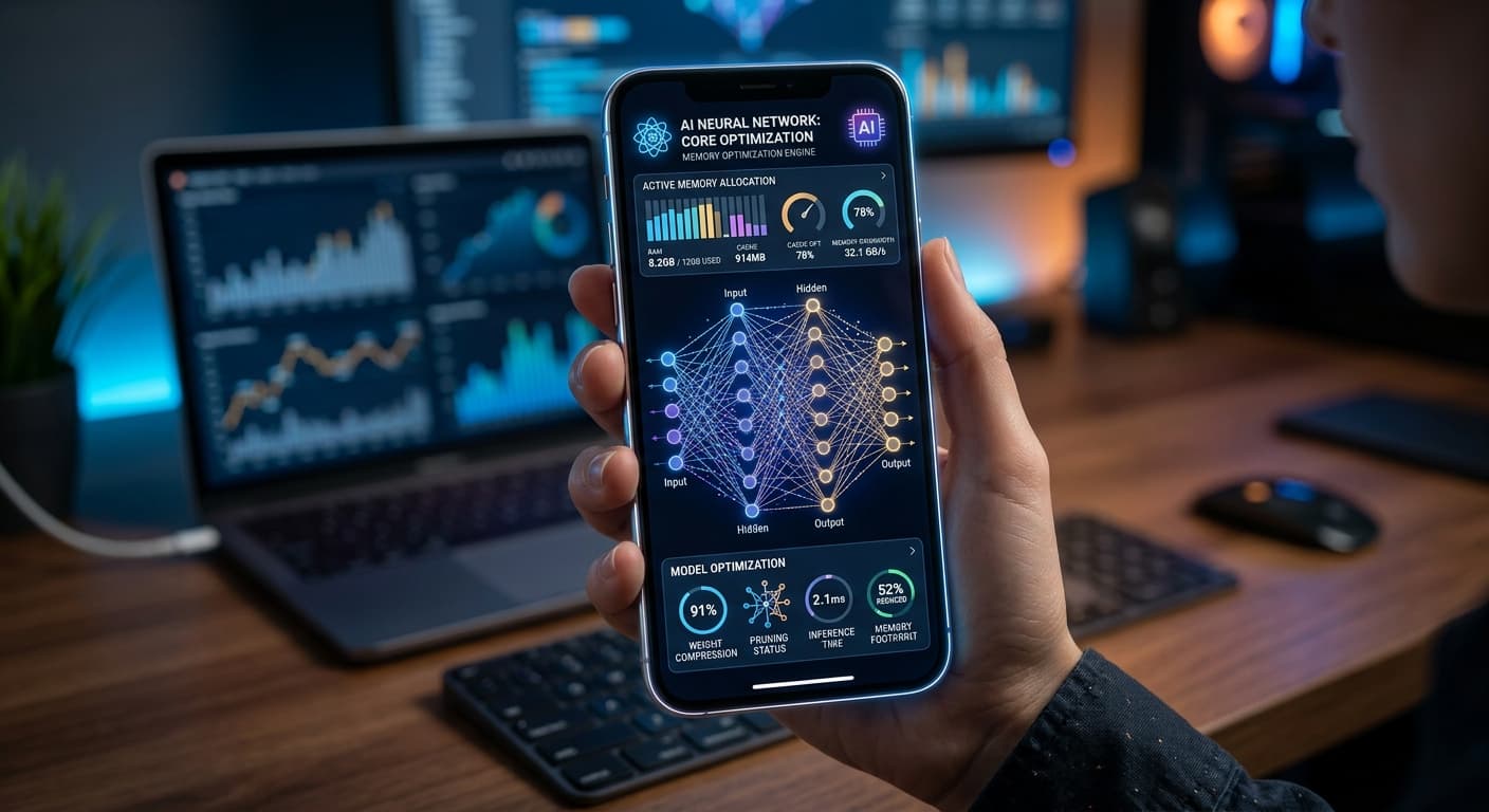 Smartphone with AI neural network visualization showing optimized memory usage