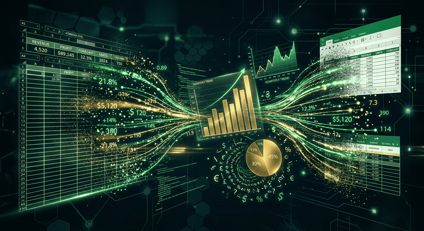Financial data streams flowing through spreadsheet grids, numbers recalculating autonomously