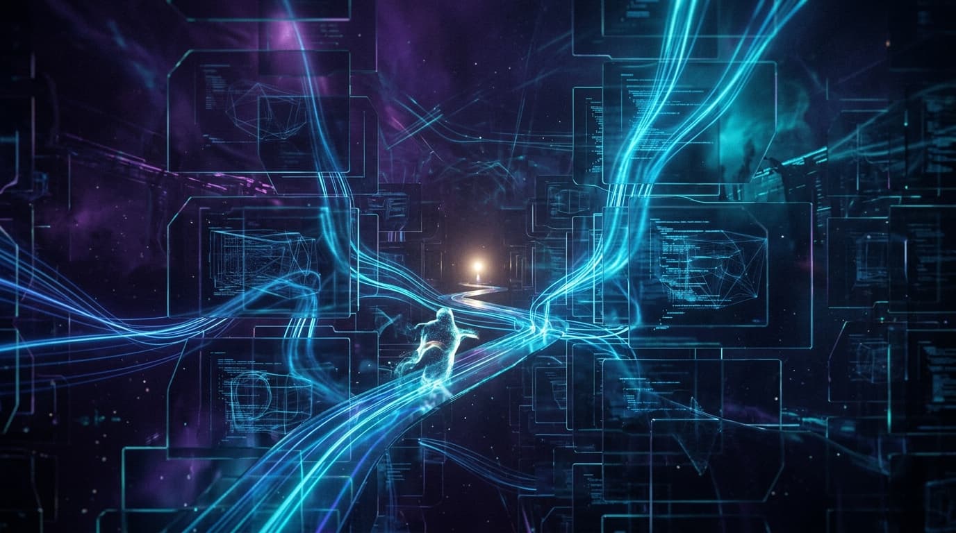 Translucent glass screens stacked in depth, each showing faint wireframes, connected by streams of electric blue light