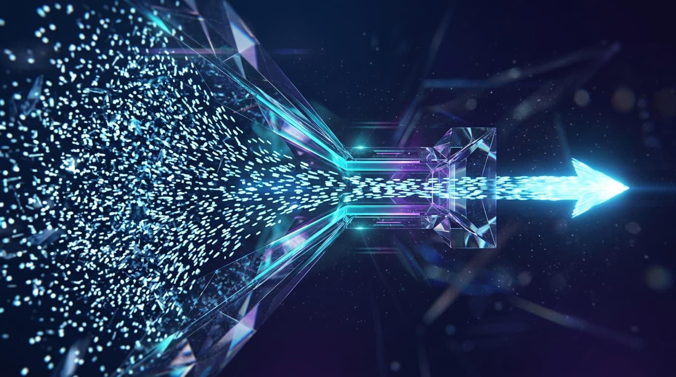 A narrow quantum channel compresses a dense stream of tokens into a single clean arrow of light
