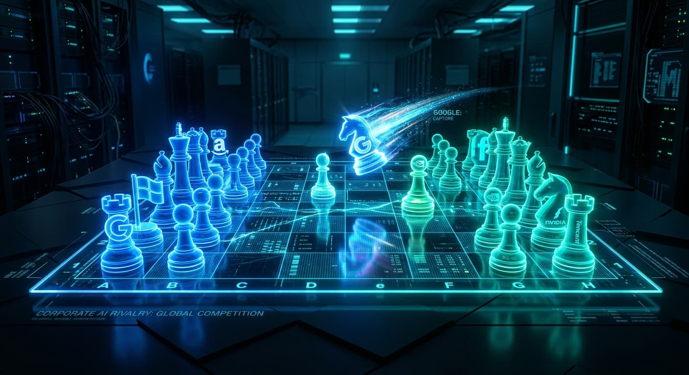 Strategic competition between AI companies visualized on a holographic board