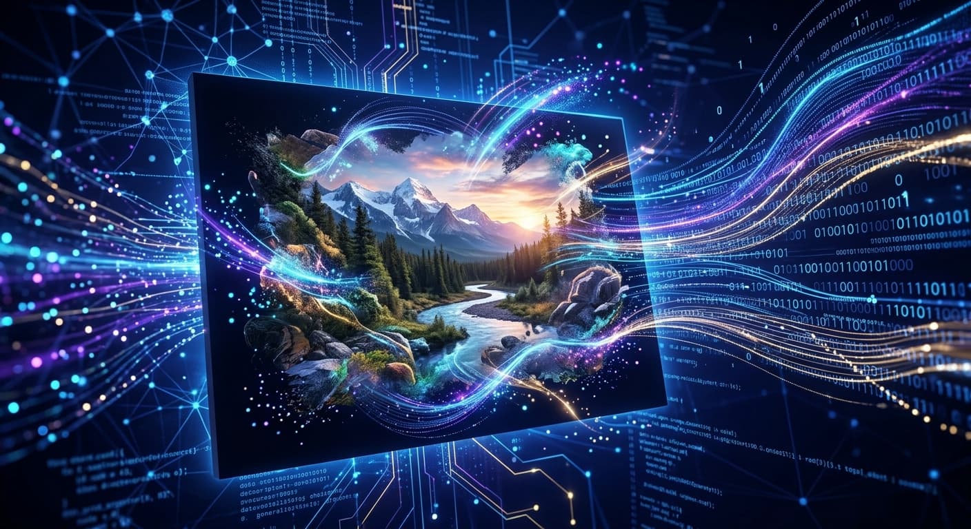 Abstract visualization of an AI photorealism engine generating layered textures from data streams