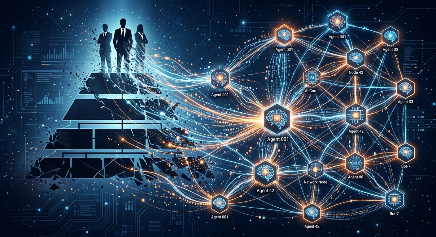 Meta's restructuring strategy visualized with AI agents replacing middle management layers