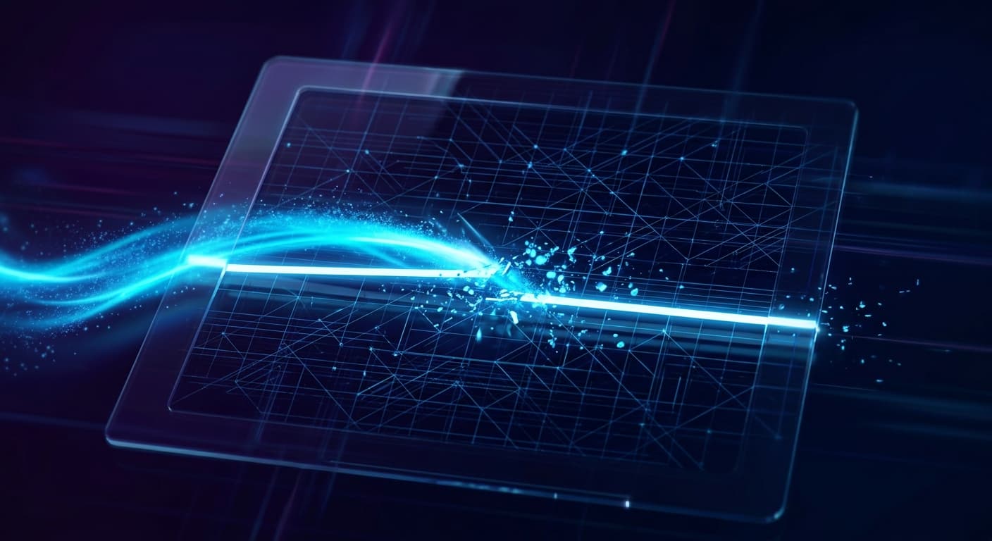 Abstract contractual grid with one luminous threshold line being erased by a sweep of cyan light