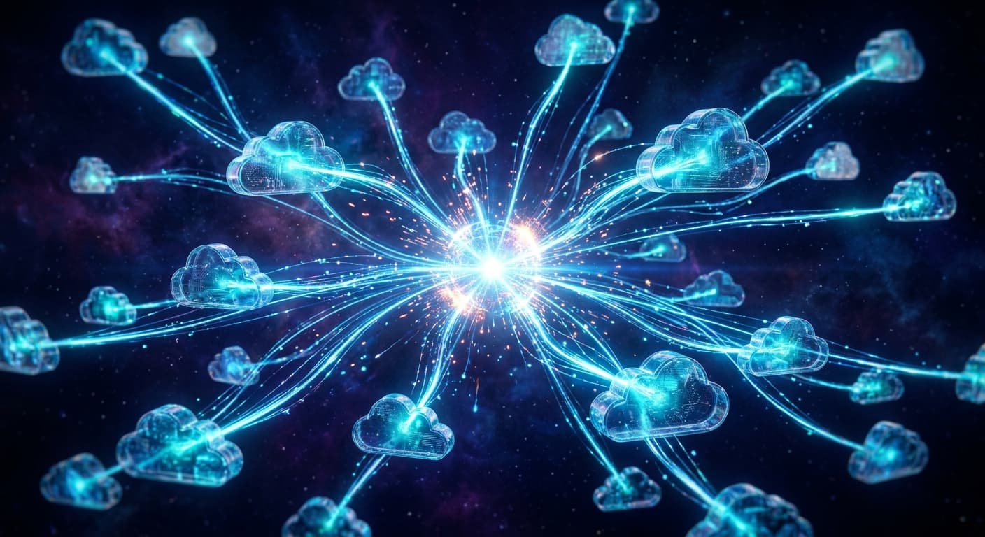 A network of cloud-shaped nodes connected by glowing data routes radiating outward from a central source