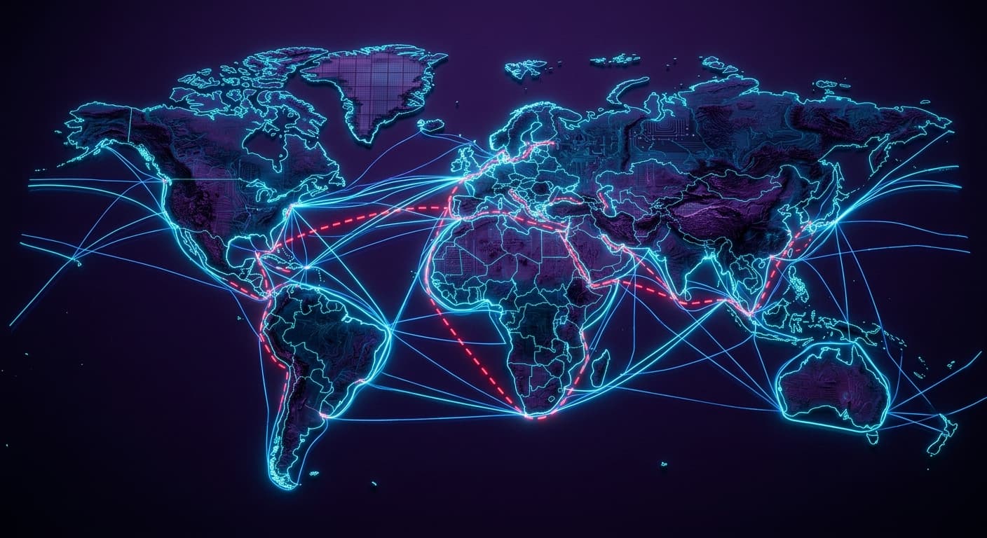 An abstract topographic map of trade routes glowing in electric blue and cyan, with red dashed lines indicating blocked paths, deep purple negative space, and faint silicon wafer patterns embedded in the map texture