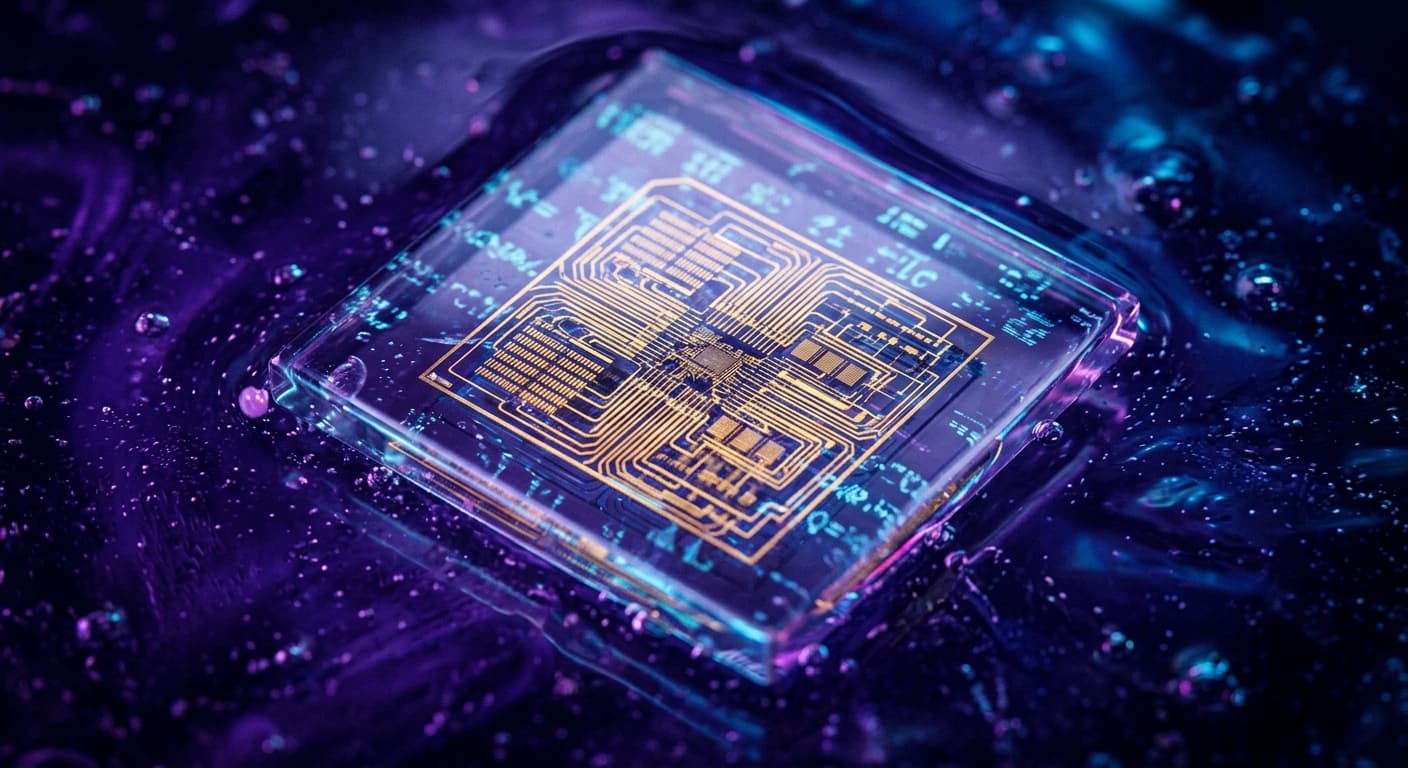 A close-up of a translucent GPU die suspended in deep violet liquid, golden circuit etchings visible inside, with faint price ticker symbols in cyan reflecting off the surface