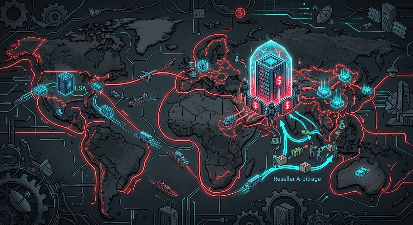 A geopolitical AI hardware supply chain map showing contraband server routes, reseller markups, export controls, and rising domestic chip alternatives, premium editorial illustration in dark graphite with neon red and cyan accents