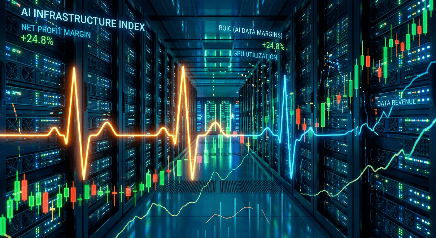 Stylized financial pulse lines over server corridors symbolizing AI infrastructure economics
