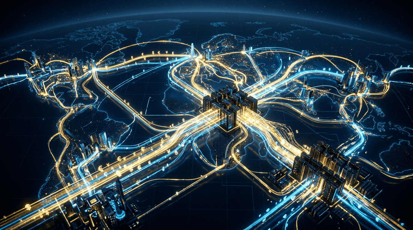 Abstract financial visualization of AI capital flows with massive data pipelines connecting global infrastructure and glowing currency nodes