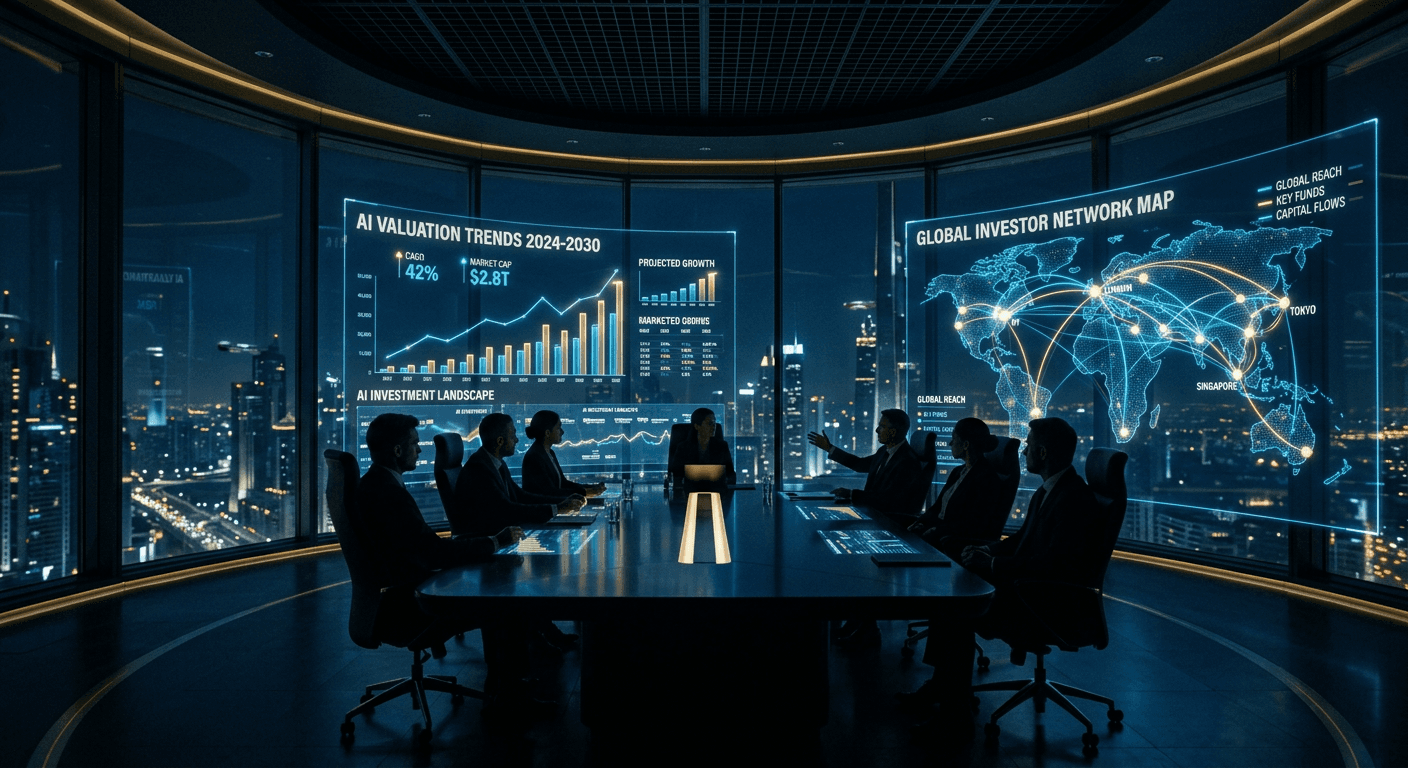 Dark futuristic boardroom scene with holographic AI valuation charts and global investor network visualizations in deep blue and gold