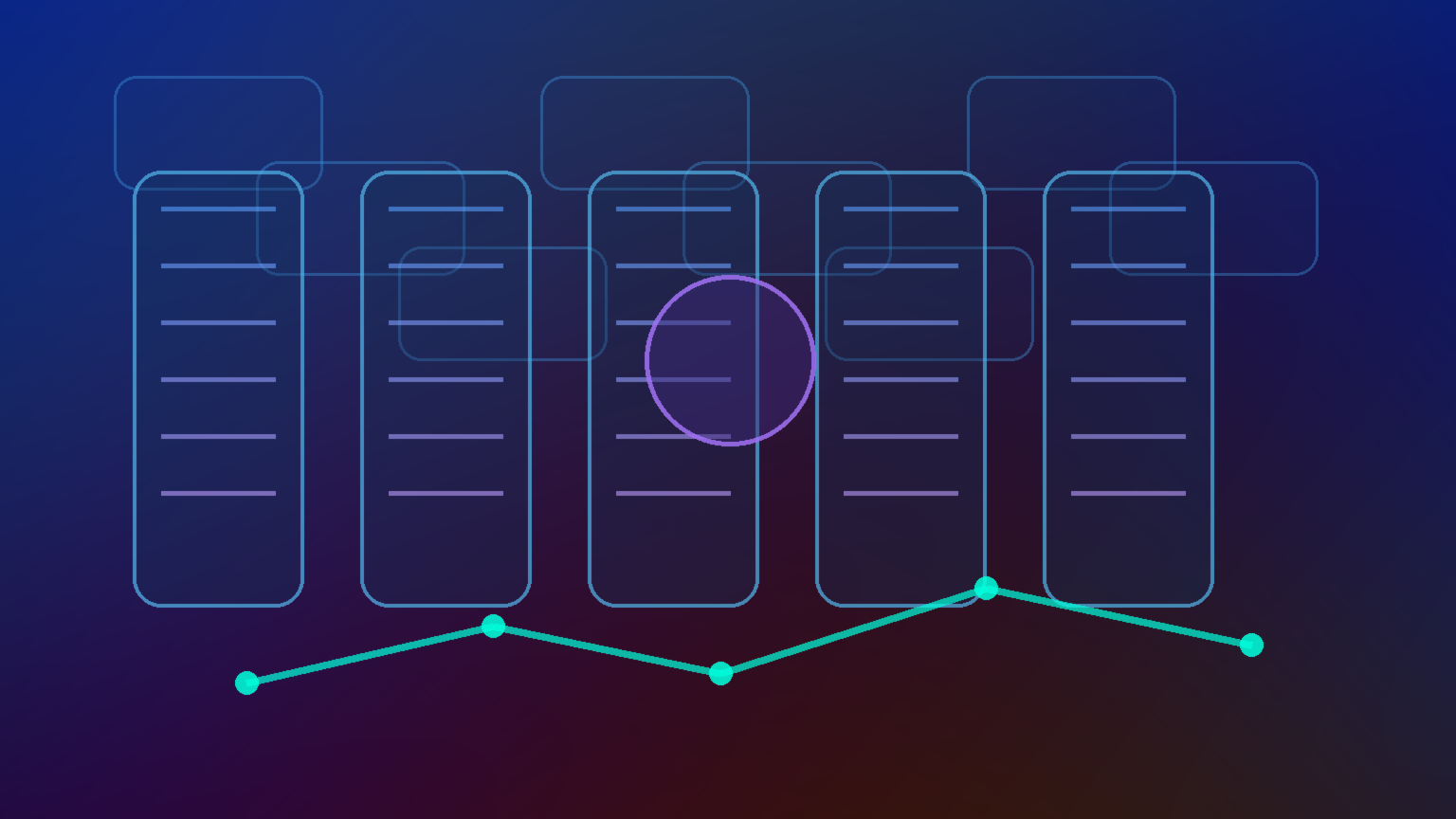 A futuristic ad operations control room built from translucent panels and glowing bidding signals, with conversion paths and feedback loops running through a conversational AI core, rendered in dark blue and purple with cyan light trails