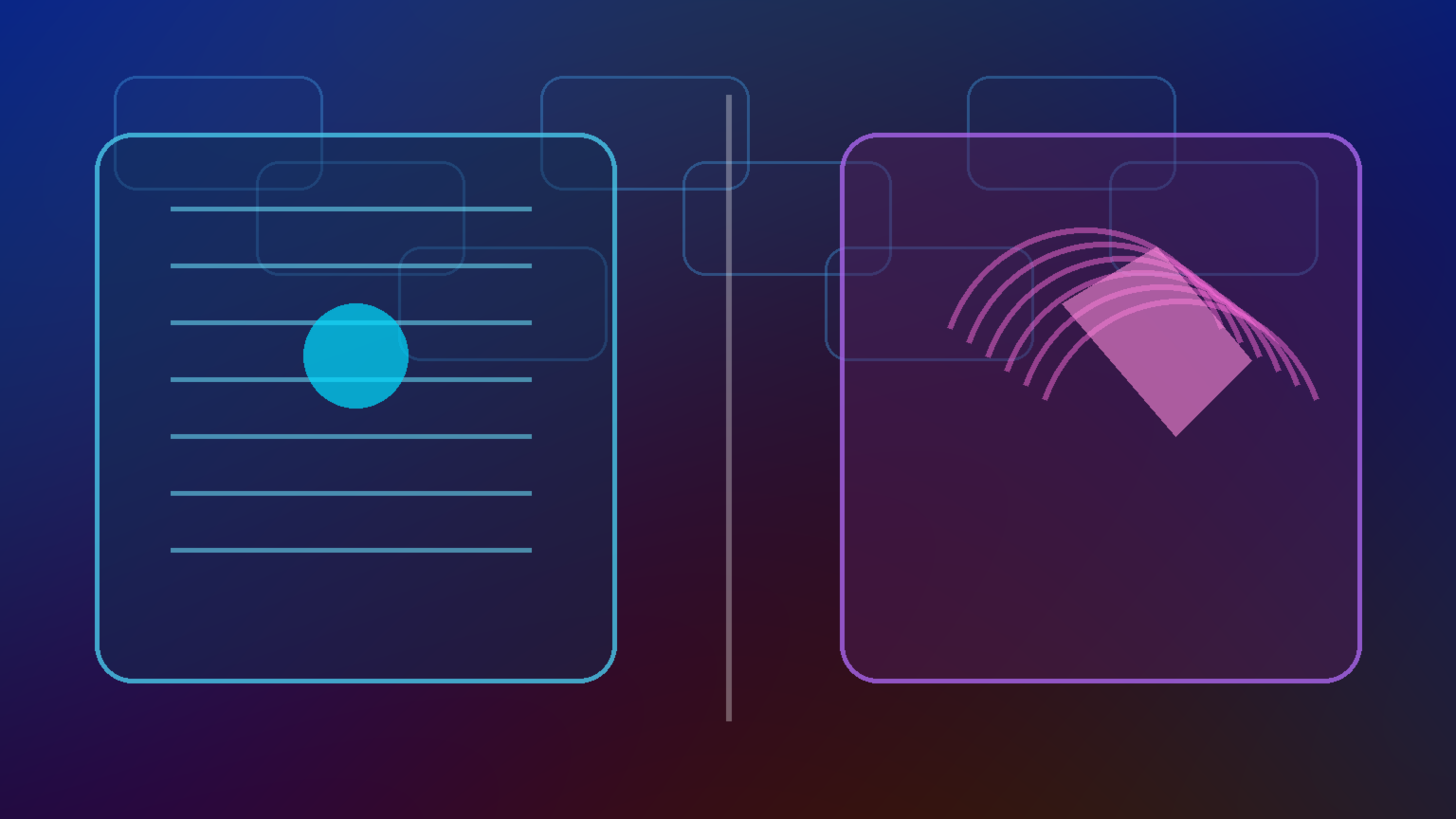 A clean thinking space split down the middle between a calm user-first AI chamber and a glowing commercial optimization engine, showing tension without overlap, cinematic dark blue and violet palette with subtle neon contrast