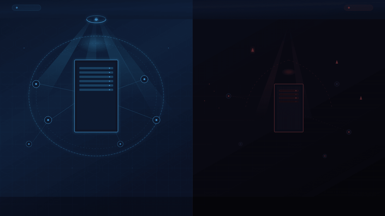 A split-screen cybersecurity landscape showing a bright, well-defended corporate network on one side and a darker, exposed smaller network on the other, with AI scanning beams illuminating vulnerabilities on both sides