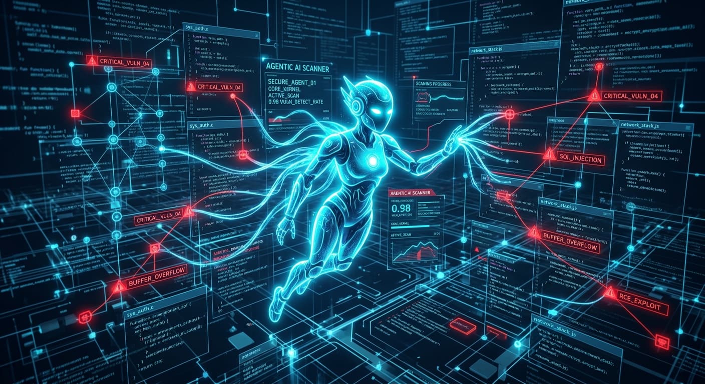 Agentic AI security researcher scanning a massive codebase and surfacing critical CVEs across interconnected systems