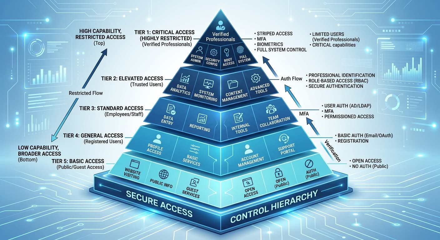 Multi-tier access control system showing different capability levels for cybersecurity professionals versus general users