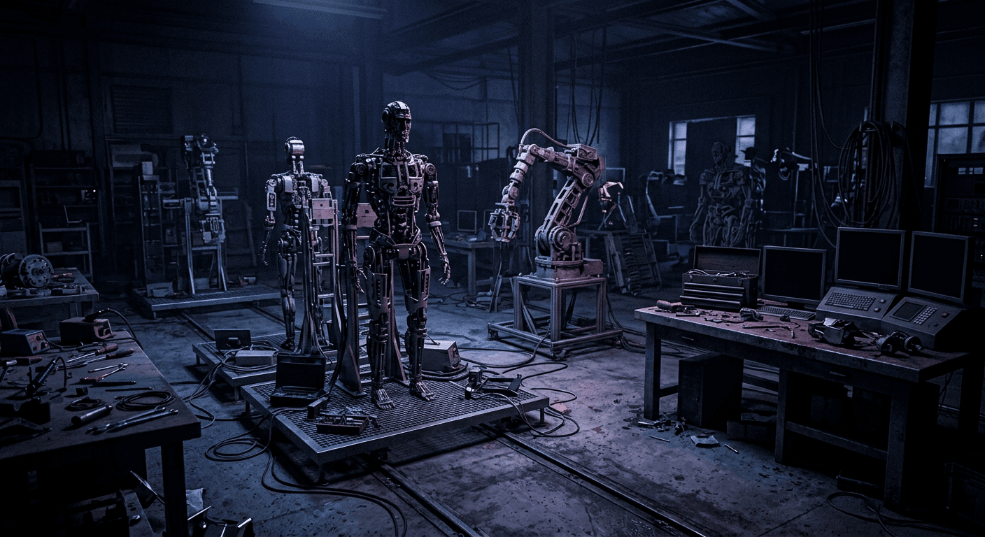 A robotics lab with humanoid robots standing idle, half-assembled, dim lighting suggesting abandonment