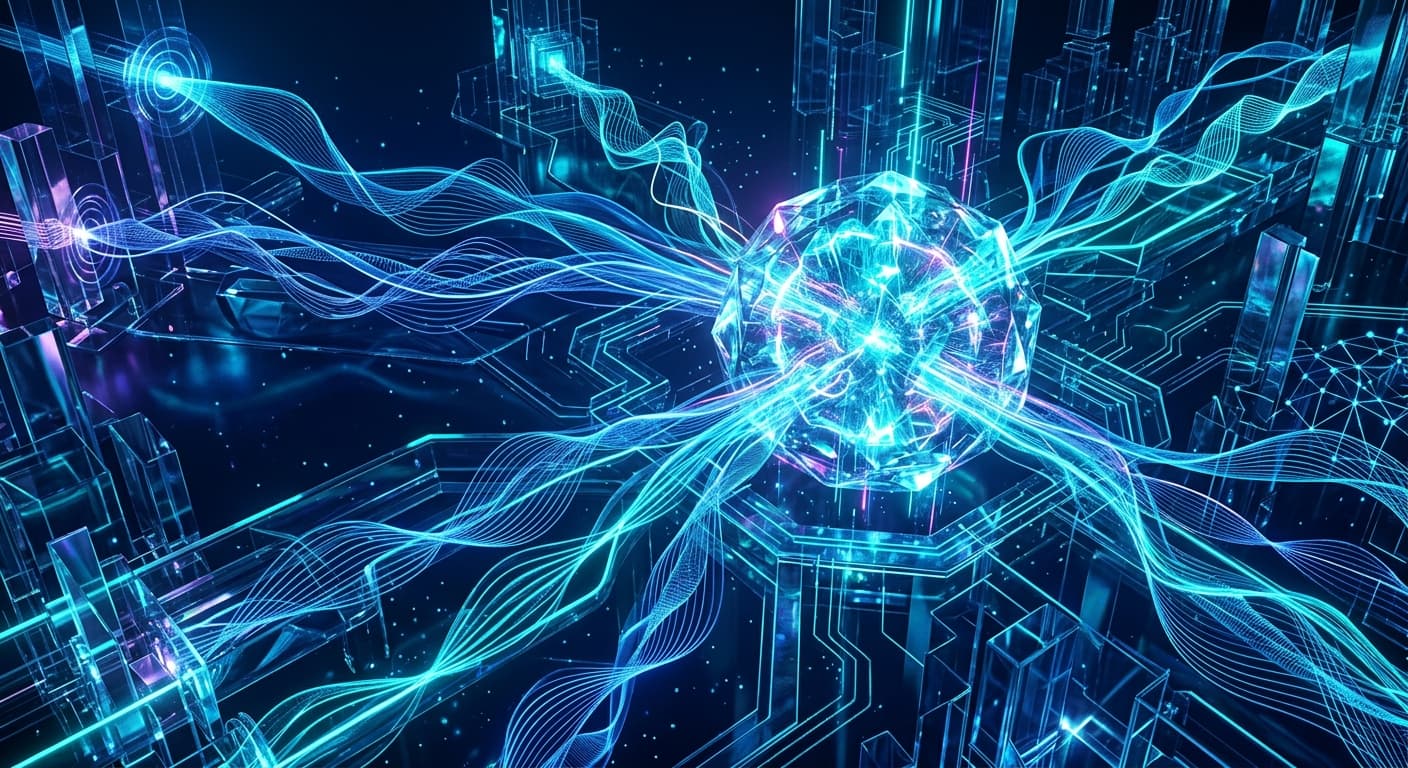 A conceptual visualization of media networks converging with AI infrastructure, showing interconnected broadcast signals flowing into a central AI node, rendered in deep blues and electric cyan with glass-like refractive elements