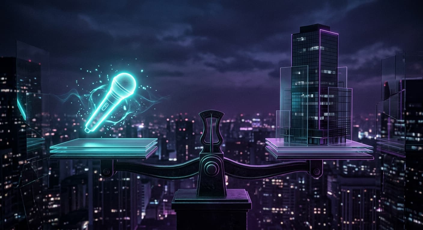 An abstract scene depicting a balance scale with a glowing microphone on one side and a corporate tower on the other, symbolizing the tension between editorial independence and corporate ownership, dark atmospheric style with neon accents