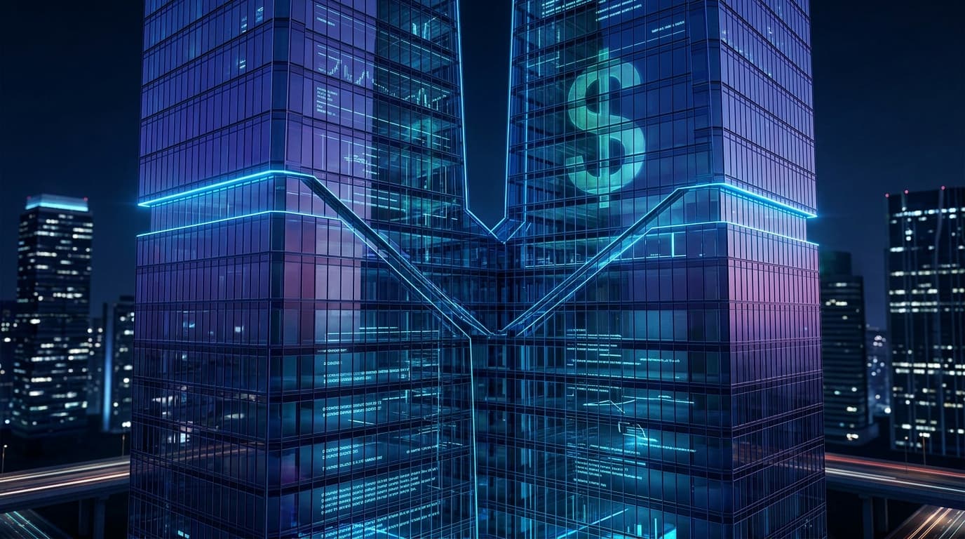 Two interlocking corporate towers in deep blue and purple, partially translucent, with ledger lines and contract clauses bleeding through their glass facades, one tower marked with a faint dollar sign motif