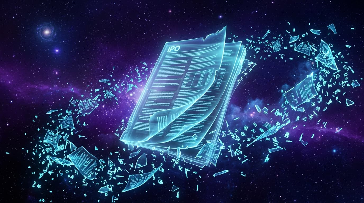 A vast paper IPO prospectus levitating against a deep purple sky, its pages partially shredded by an unseen wind, fragments of legal text and ticker symbols swirling around it