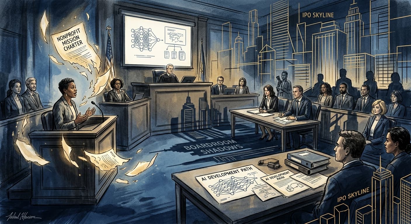 A dramatic AI courtroom scene with nonprofit mission documents, IPO towers, boardroom shadows, and legal exhibits colliding under bright testimony lights, premium editorial legal-tech illustration in deep blue and gold