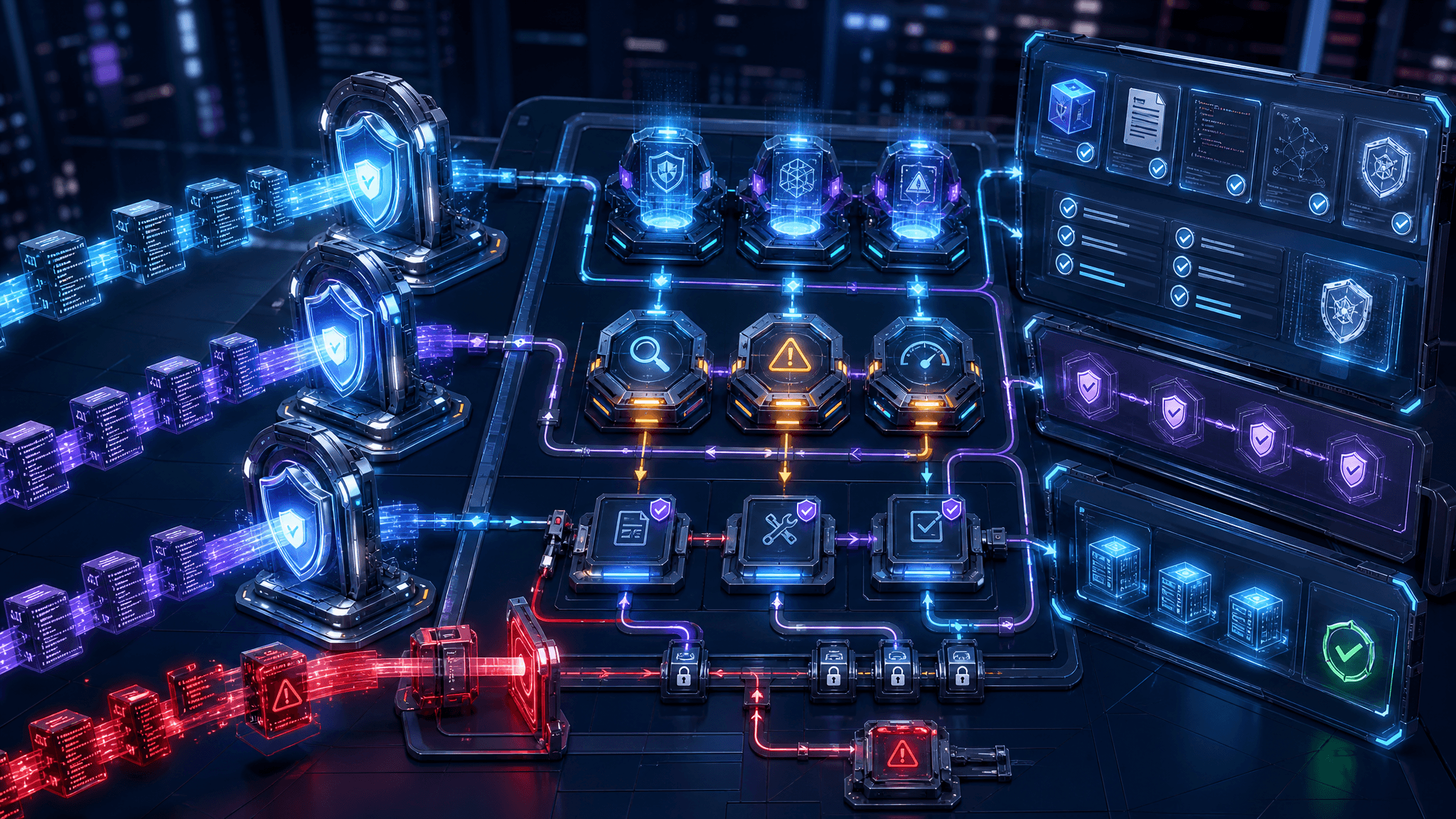 A layered secure software delivery pipeline with repositories feeding into CI gates, AI vulnerability scanners, severity triage nodes, signed remediation steps, and release evidence checkpoints, premium enterprise cybersecurity illustration in deep blue and purple with cyan highlights