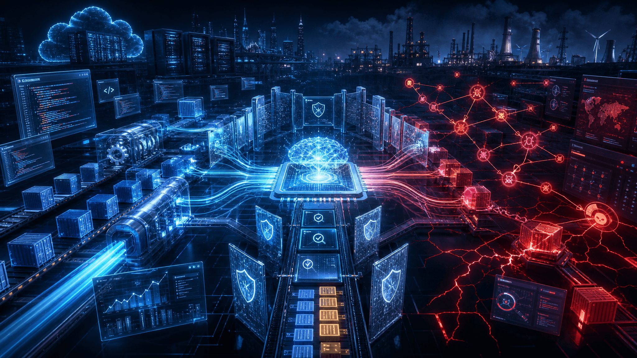 An enterprise engineering control room showing dual-use AI capability, one side accelerating code generation and delivery while the other exposes exploit chains and vulnerability paths, with defensive barriers and remediation queues between them, premium dark indigo cybersecurity style with cyan and subtle amber accents