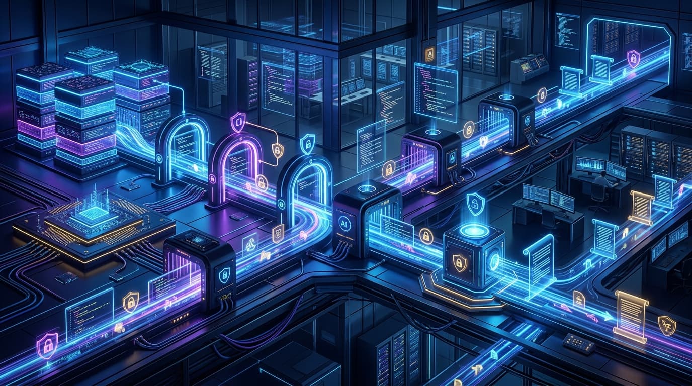 A secure software delivery pipeline visualized as layered code repositories, CI gates, and AI vulnerability scanners generating signed findings and audit trails, modern enterprise aesthetic, deep blue and purple lighting
