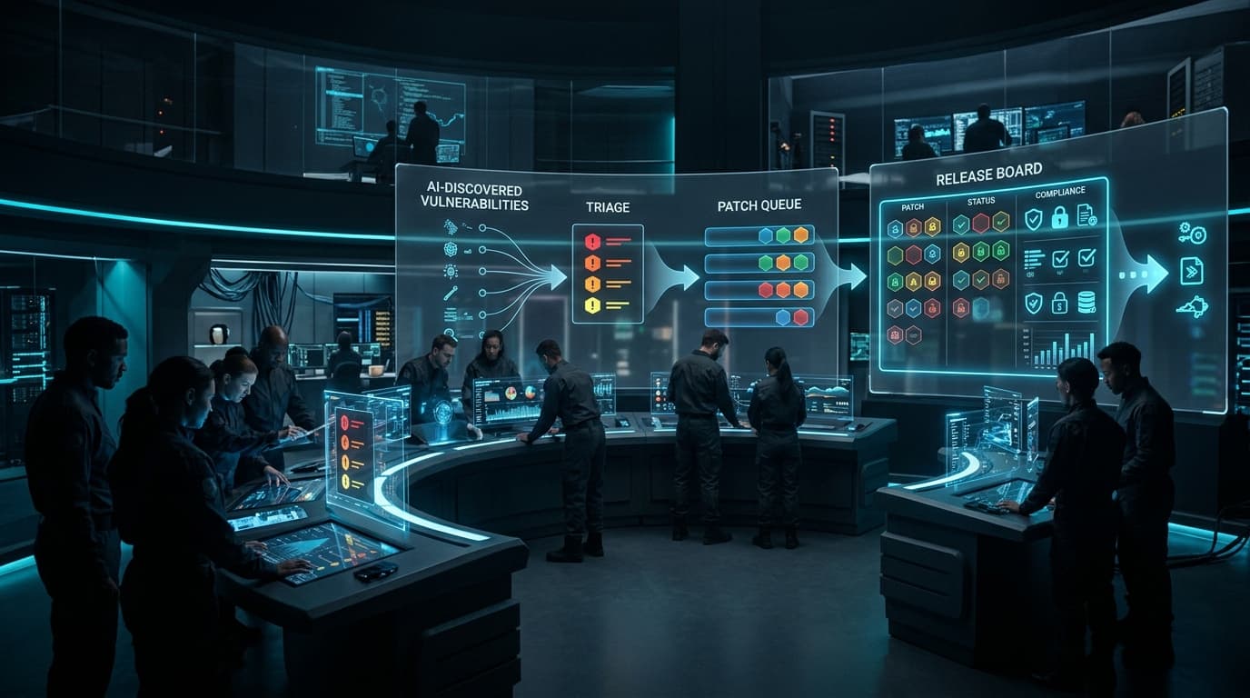 Multiple software teams in an abstract command center triaging AI-discovered vulnerabilities with patch queues, severity markers, and compliance evidence flowing into a release board, premium cinematic style, dark indigo palette with cyan accents