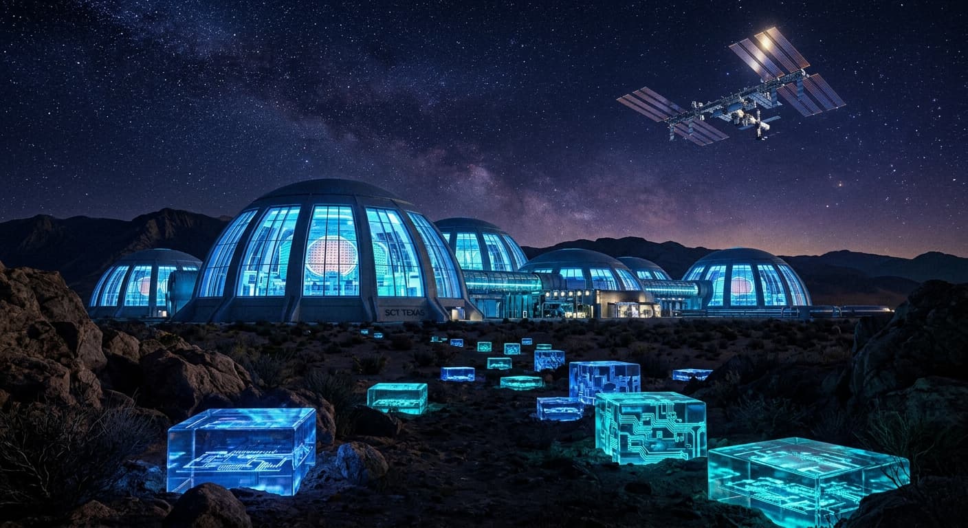 Futuristic chip fabrication complex in the Texas desert, with an orbital satellite arcing above