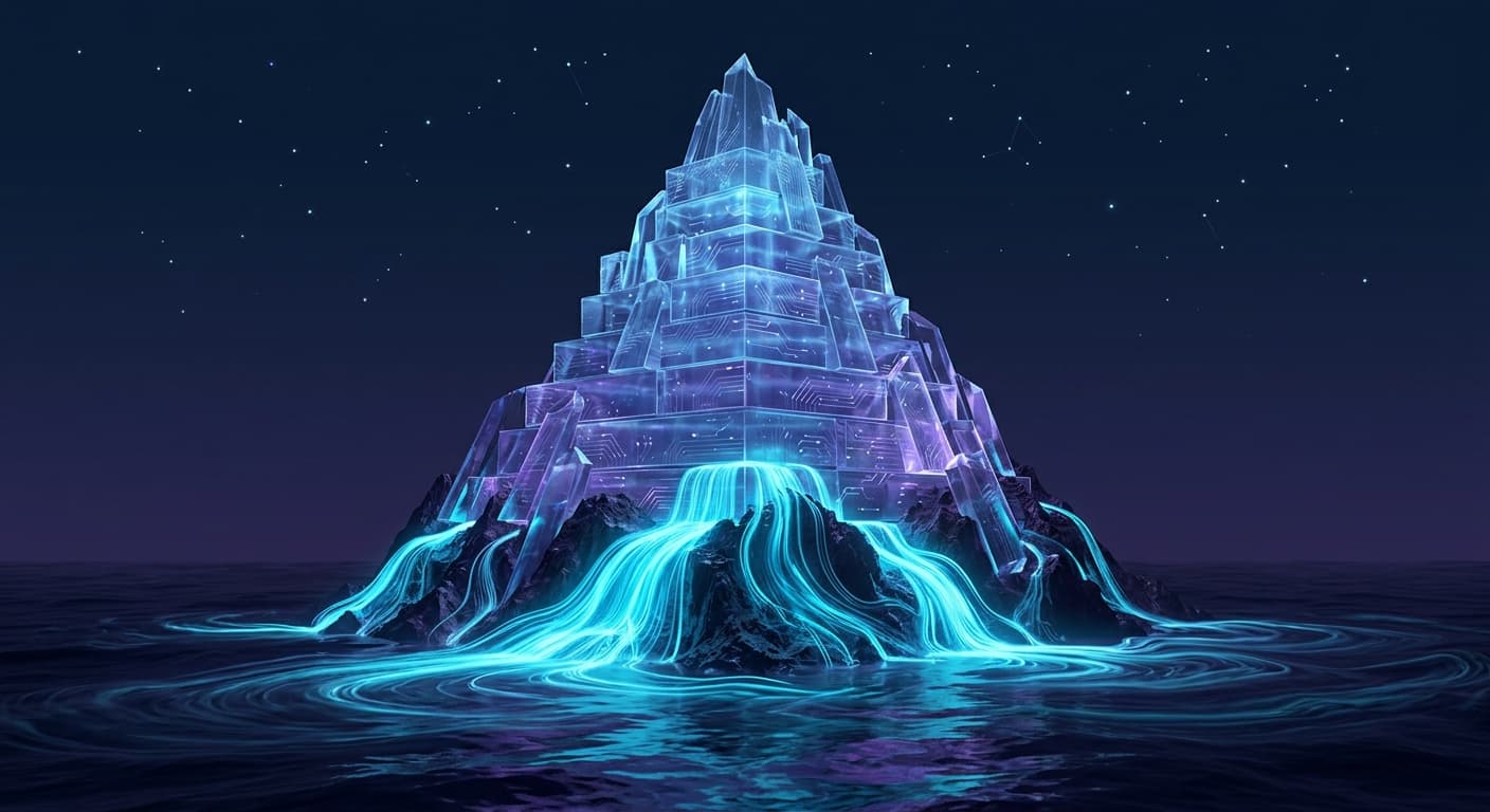 Valuation tower of stacked glass prisms rising from a sea of capital, the enterprise AI market at the top