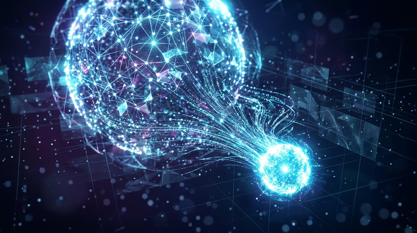 Conceptual visualization of model distillation: a small dense model fed by output streams from a much larger one