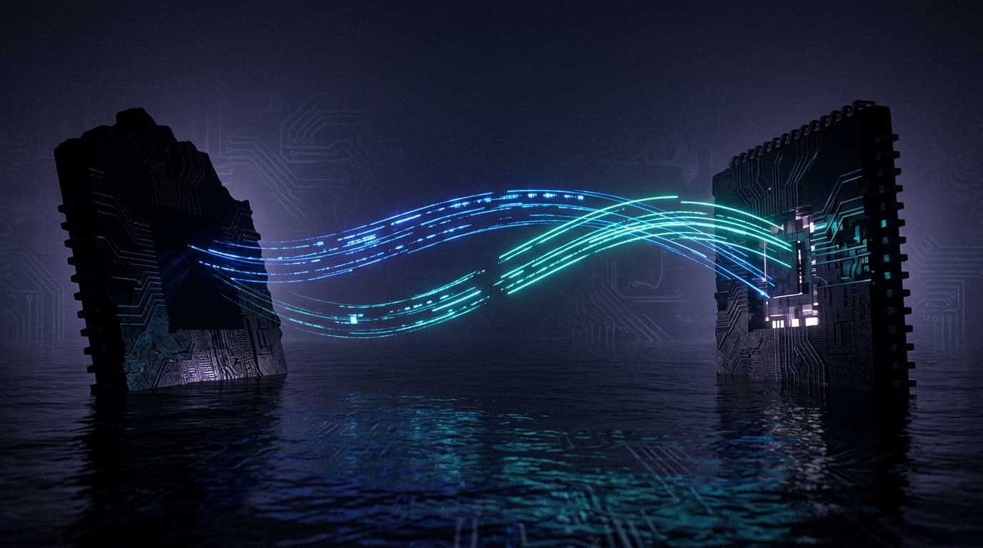 Stylized US-China tech standoff with chip silhouettes and parallel data streams crossing the Pacific