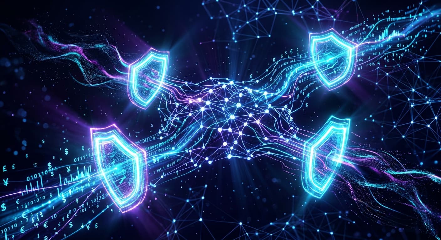 Abstract visualization of AI risk management flowing through financial networks with data streams and protective barriers