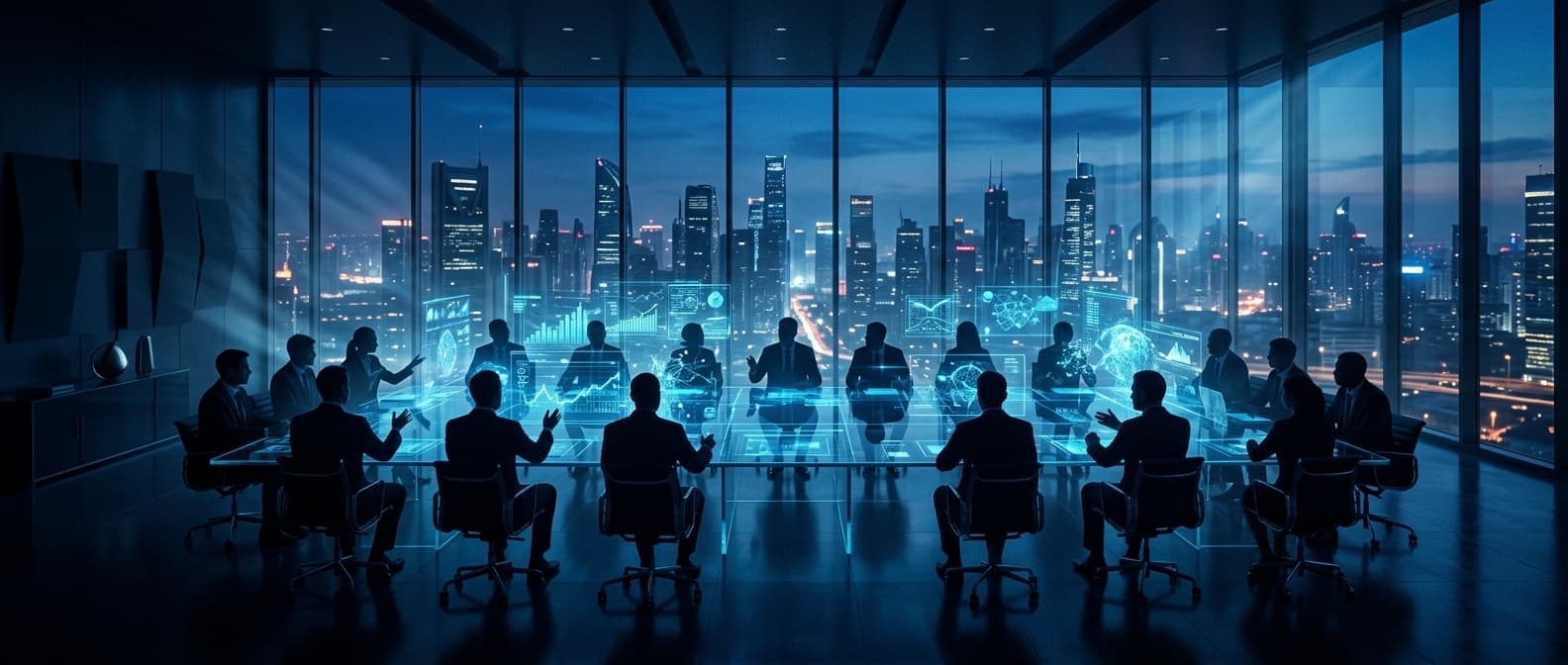 Futuristic government roundtable with regulators and tech executives discussing AI policy around a glowing holographic display