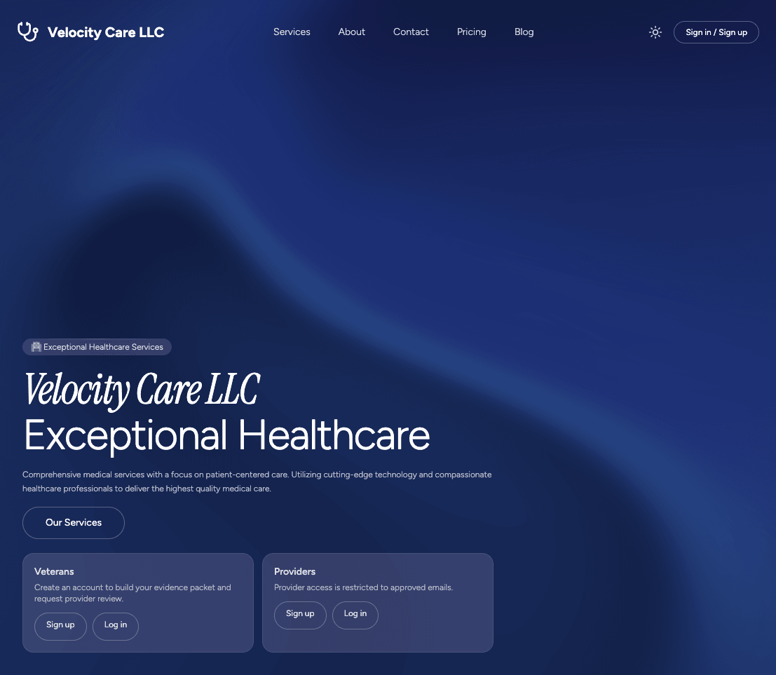 Velocity Care LLC live website homepage