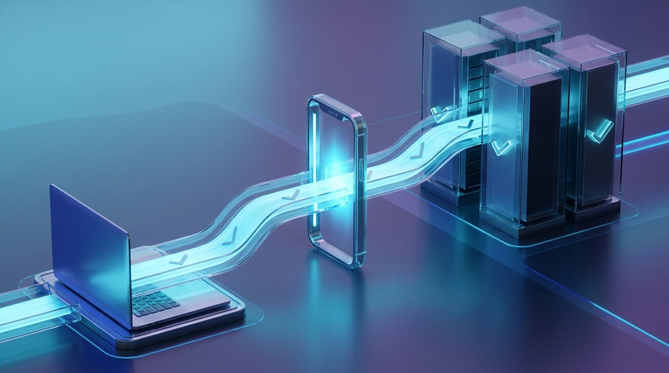 Editorial illustration of a continuous coding workflow moving from laptop to phone to remote development environments