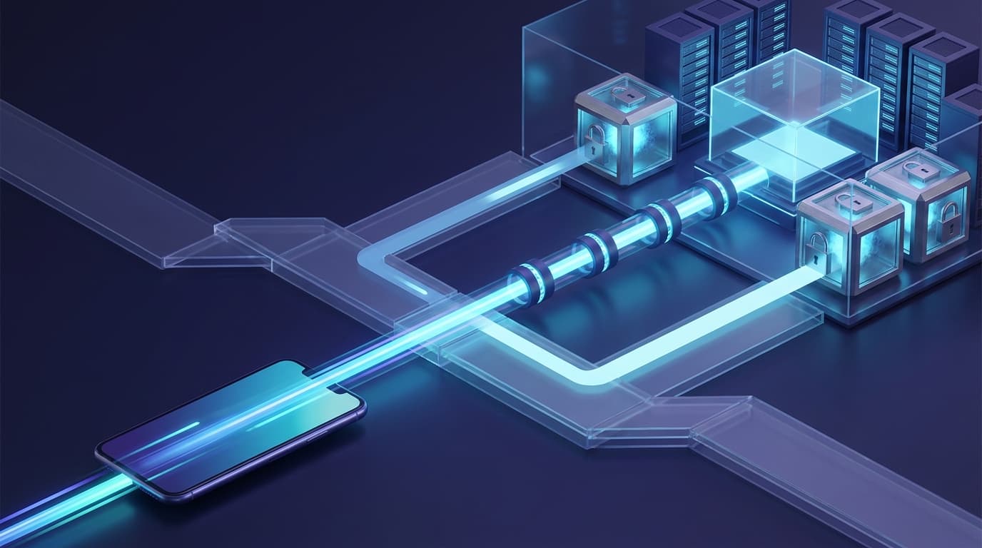 Enterprise tech illustration of a secure relay connecting a smartphone to managed remote development environments while credentials stay protected