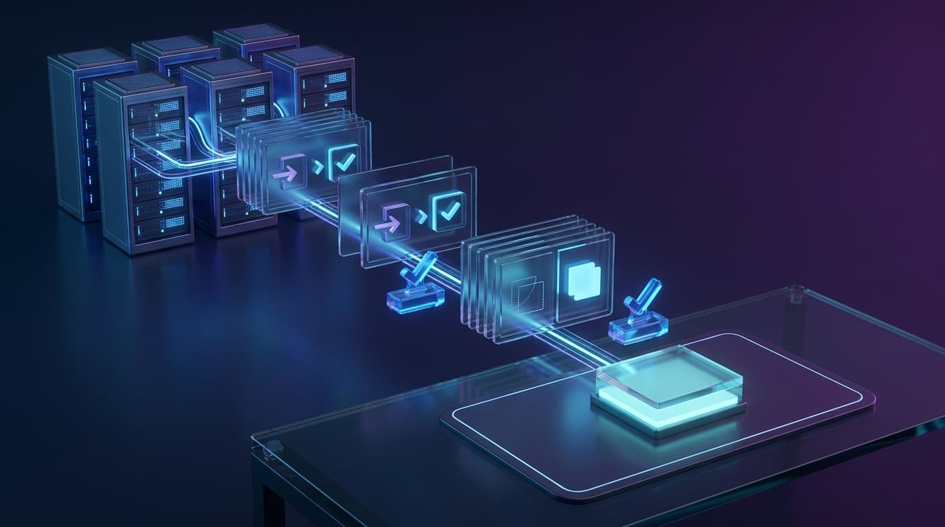 Editorial illustration of audit trail evidence cards, approvals, command results, and diff panels flowing into a review surface