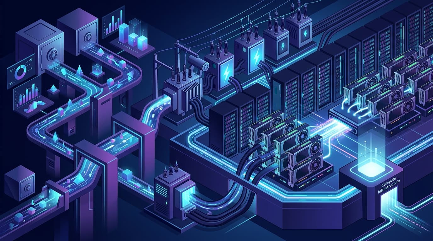 Concept illustration of capital being converted into compute infrastructure, GPUs, and data center capacity
