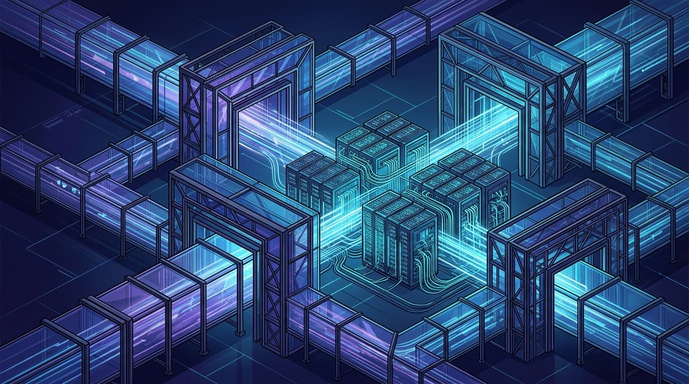 Editorial illustration of enterprise cloud corridors and platform gateways directing demand into AI infrastructure
